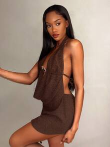 Vaytide New Women's Backless Halter Mini Cover-Up Dress, Fashionable Sexy Beach Vacation, Spring/Summer - Brown - View 4