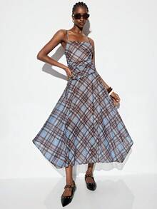 Aveloria GENKIRA Vintage Plaid Patchwork Dress, Waist Pleated Design, Asymmetric Hem, Casual Bohemian Music Festival Dress For Women, Random Print - Multicolor - View 5
