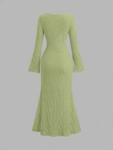 Sweetra Solid Color Square Neck Long Sleeve Dress, New Spring/Autumn Sexy Lace-Up Dress - Green - View 2
