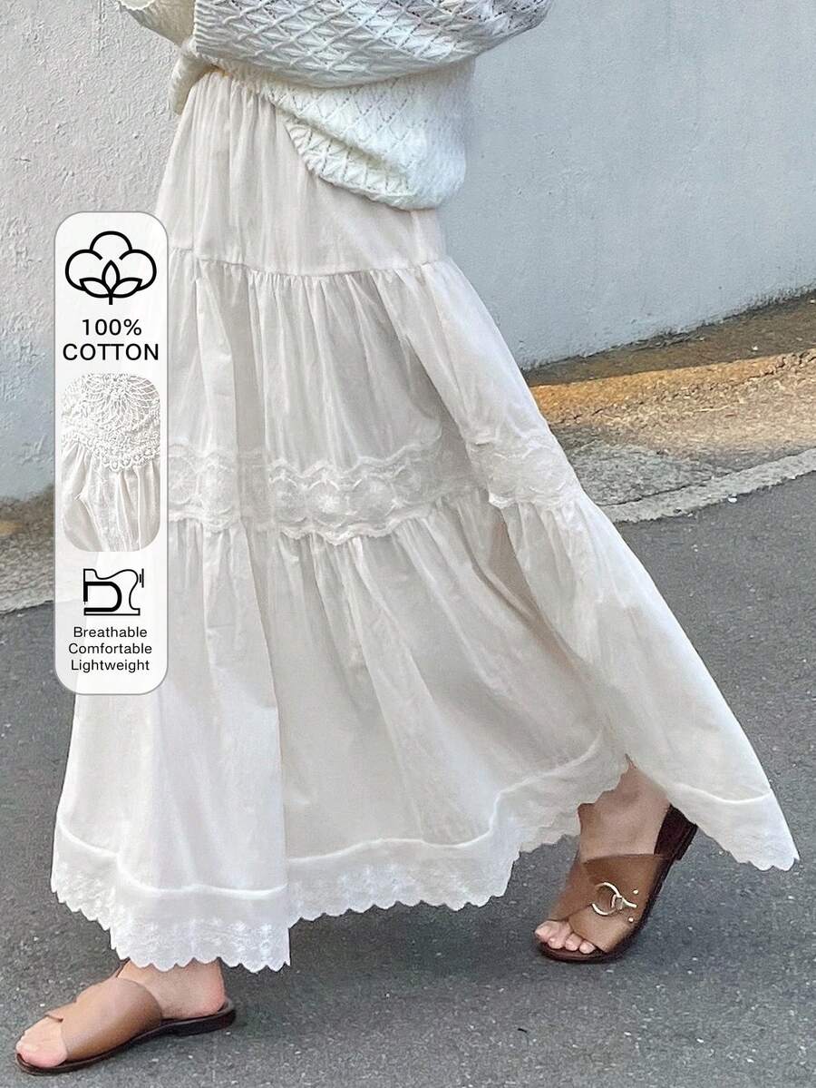 FRIFUL Chân váy maxi chữ A phối ren tương phản dành cho nữ - trắng - Xem 1