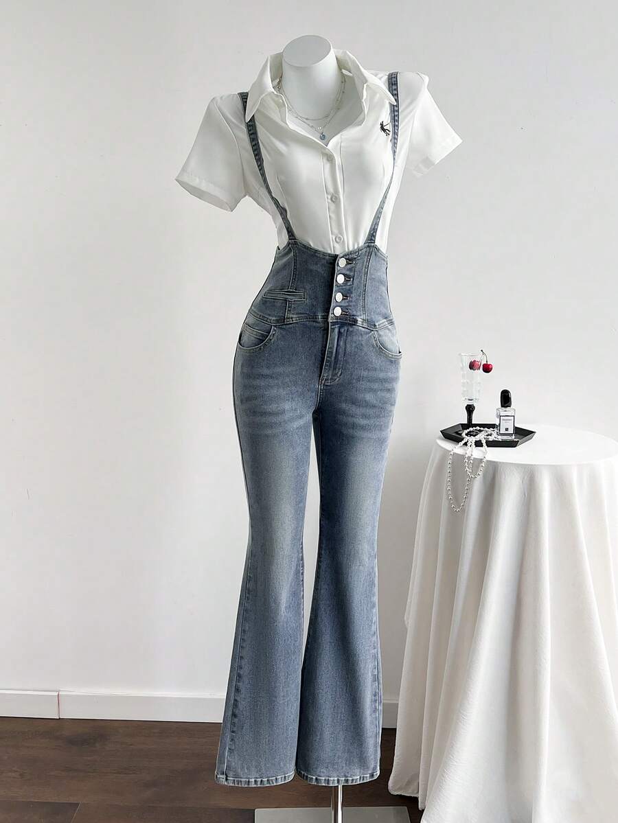 Elamini Women's Button Front Pocket Casual Flare Leg Denim Jumpsuit - Blue - View 1