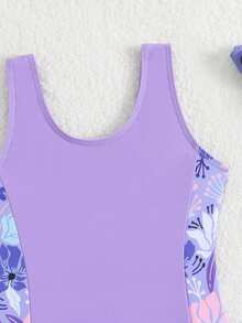 SHEIN 女童碎花紫色弹力面料连体泳衣带短裤，两件套 - 紫色 - 查看 3