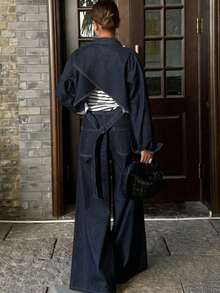 FRIFUL Women's Denim Cropped Jacket With Criss-Cross Back Strap And Wide Leg Jeans Set, Casual City Style For Spring - Dark Wash - View 5