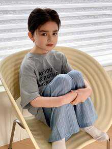 Dazy Kids Tween Boy Slogan Print Short Sleeve Top And Striped Pants Pajama Set Summer - Grey - View 3