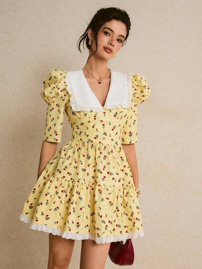 Poéselle Women's Princess Style Printed Lace Mini Dress  Floral Dress  Yellow Dress  Summer Outfits For Women   Graduation Dress   Birthday Outfits For Women   Holiday Date Outfits Social Dress