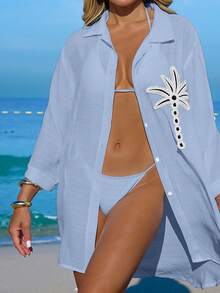 Swim Vcay 女士白色椰子树纽扣休闲度假沙滩和服罩衫 - 淺藍色 - 查看 3