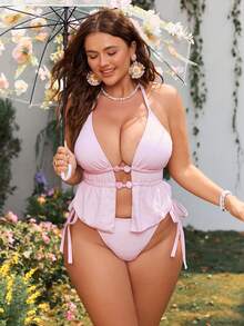 Swim Mod Women's Pink Halter Tie Swimsuit Set, Random Sweet Beach Resort Plus Size, Spring/Summer - Pink - View 5
