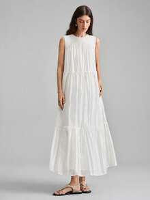 Ontre 2026春夏新款女士夏季超长荷叶边V领吊带连衣裙，时尚都市浪漫度假风，海岛度假派对优雅宽松舒适宽裙摆度假连衣裙，女士休闲连衣裙，春夏新款服装 - 白色 - 查看 4