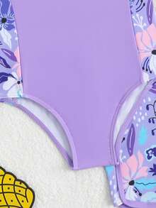SHEIN 女童碎花紫色弹力面料连体泳衣带短裤，两件套 - 紫色 - 查看 5