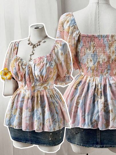 Sweetra Áo kiểu Pháp thanh lịch, dễ thương, ngọt ngào, phong cách công chúa, chất liệu vải dệt họa tiết, nơ trang trí, tay áo cánh hoa, ôm eo, mẫu mới mùa hè.