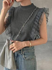 FRIFUL Women's Turtleneck Ribbed Tank Top With Mesh Ruffle Trim Sleeveless Layered T-Shirt - Dark Grey - View 3