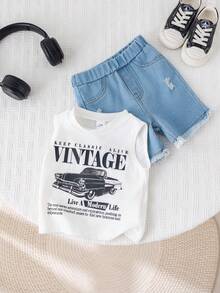 SHEIN 2pcs Baby Boy Summer Casual Street Chic Car Graphic Tank Top And Denim Shorts Set - Multicolor - View 7