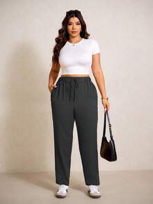 Elaquor Plus Size Solid Color Casual Pants - Dark Grey - View 4