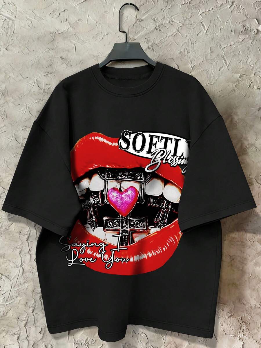 STEELVANCE 男士休闲唇印字母T恤，夏季款 - 黑色 - 查看 1