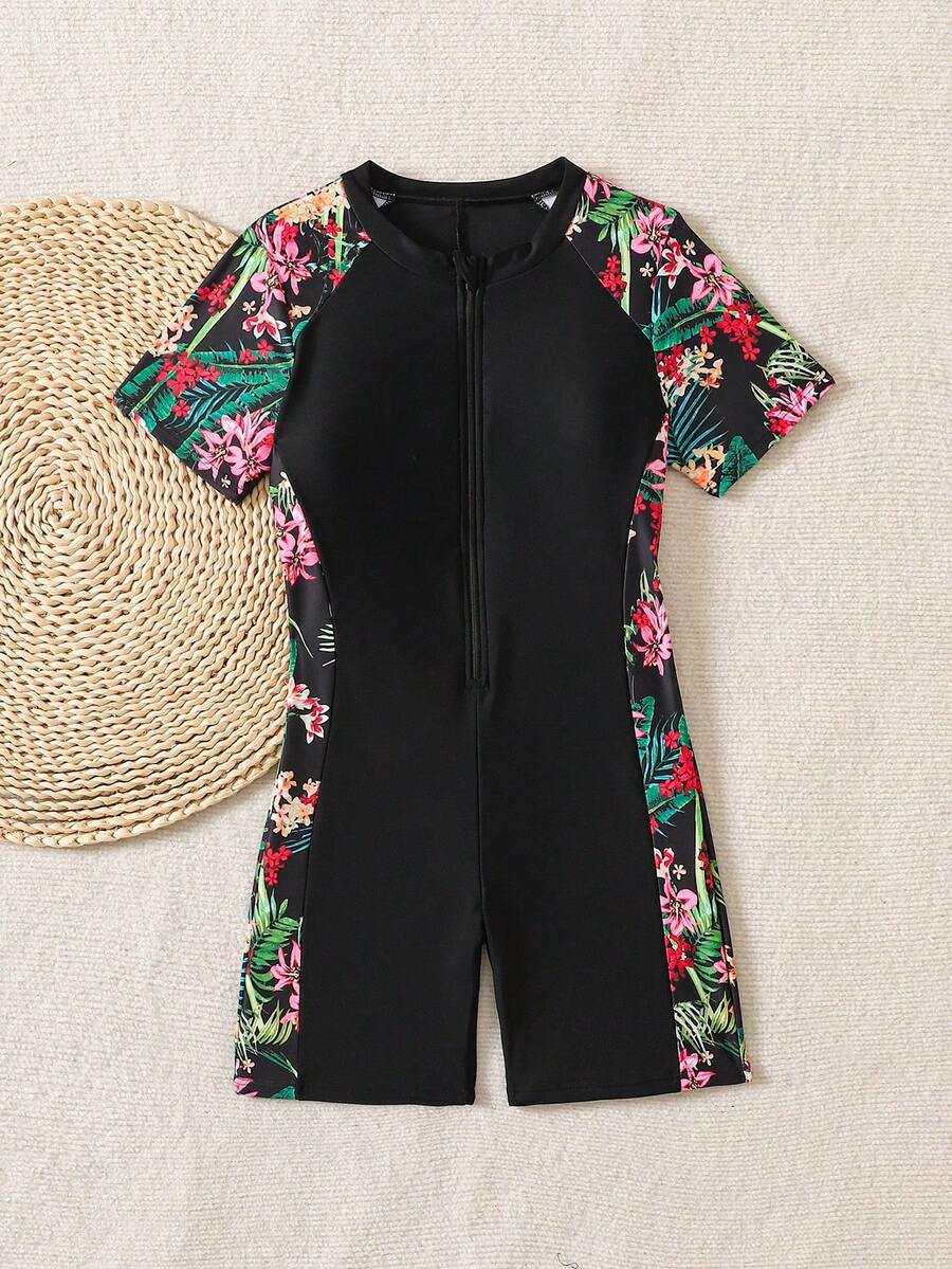 SHEIN Áo tắm liền thân tay ngắn ôm sát người, khóa kéo, in họa tiết cây nhiệt đới dành cho bé gái tuổi teen, thích hợp cho kỳ nghỉ hè, du lịch biển, màu đen. - màu đen - Xem 1