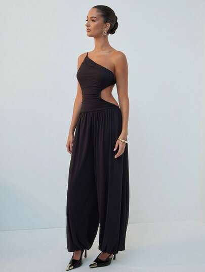 Hauture Asymmetric Bodice Jumpsuit With Open Back And Flowing Pants, Sexy Backless Black Jumpsuit, Old Money Aesthetic, Perfect For Summer/Spring, Lightweight Flowy Balloon Pant Fit Jumpsuit For Women, Comfortable Outfit For Women, Minimalist Chic Styling Piece, Corporate Office Chic, Elegant Black One-Piece For Women