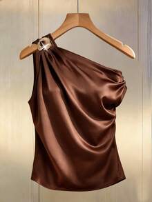 Franclia Khaki Satin Asymmetric Shoulder Sleeveless Top For Women, Plus Size Loose Fit Stylish Design Elegant Tank Top - Brown - View 10