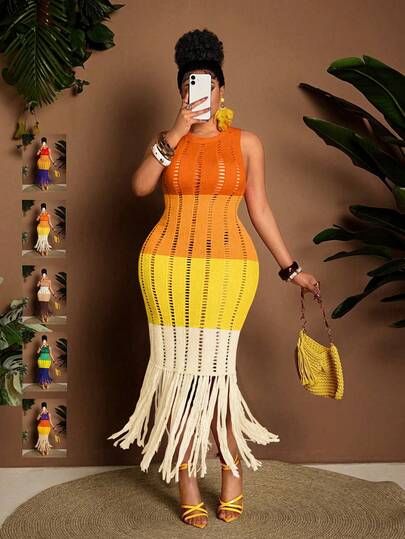 Maweii Plus Size Women's Sweater Dress,Multicolored, Yellow, Orange, Purple, Sleeveless, Round Neck, Tassels, Cutout, Slimming And Sexy, Women's Knitted Dress, Women's Outwear, Spring, Summer, Vacation