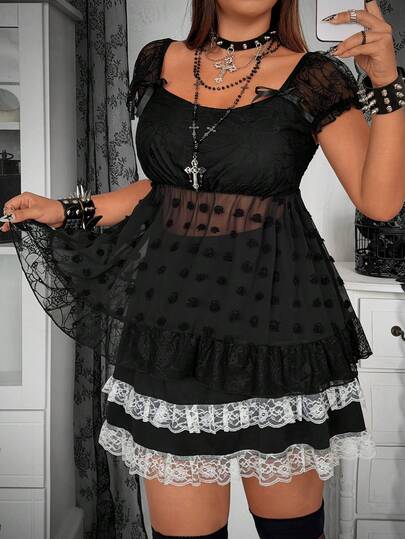 Whyspr Punk Style Black Lace Patchwork Fuzzy Ball Jacquard Women Shirt