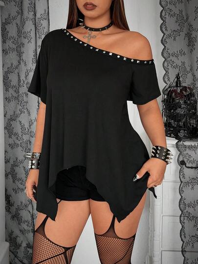 Whyspr Plus Size Loose Asymmetrical Hem T-Shirt With Rivet Decor On Asymmetric Shoulder