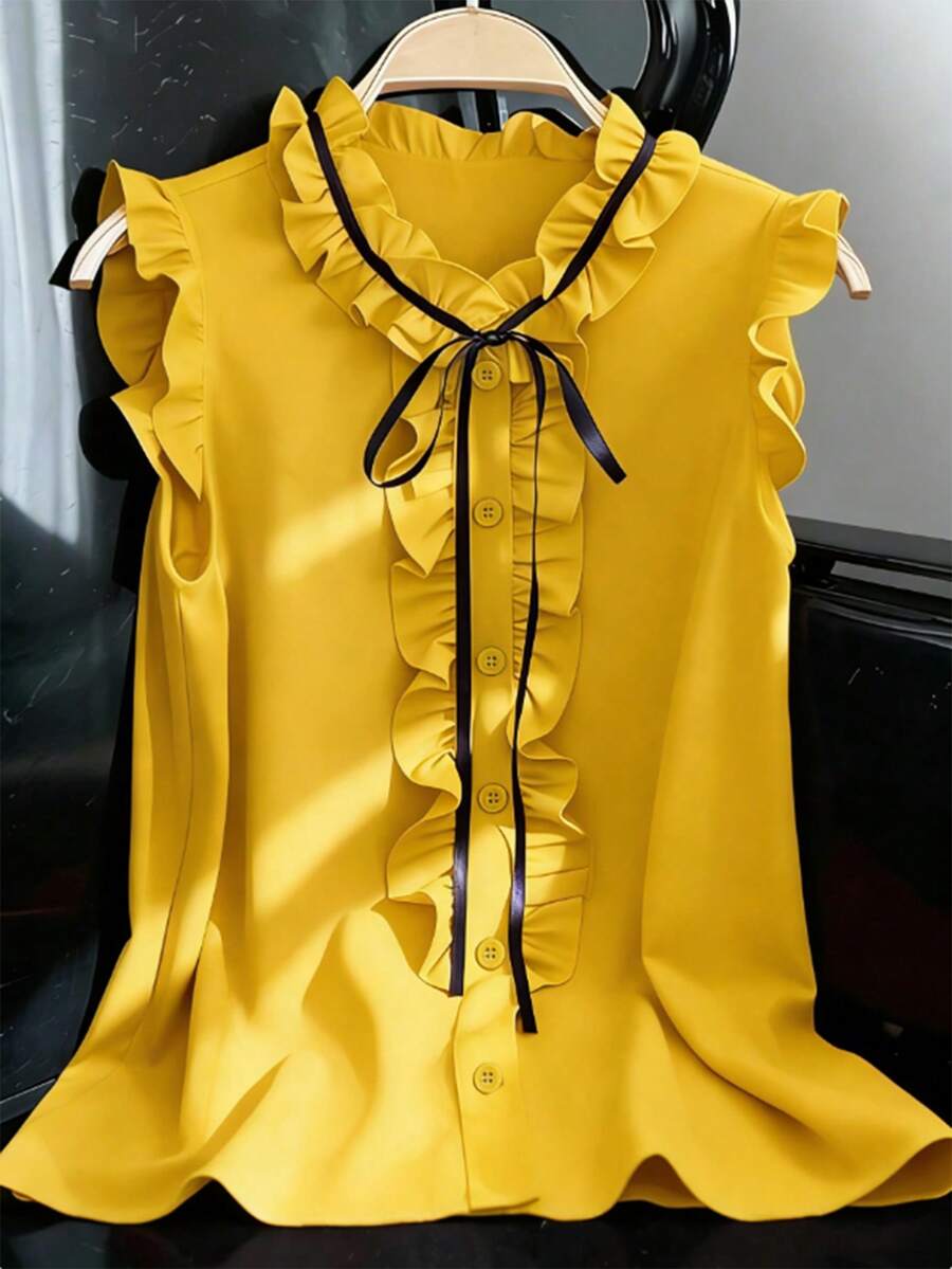 SHEIN LUNE 荷叶边无袖休闲宽松衬衫,优雅女士上衣,红色上衣,夏季服装 - 黃色 - 查看 1