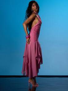 MUSERA 深V领露背吊带长裙，金色饰边，亮片点缀，飘逸不对称下摆，露背设计，性感夏日海滩度假伊比沙岛俱乐部热带风情 - 淺粉色 - 查看 3
