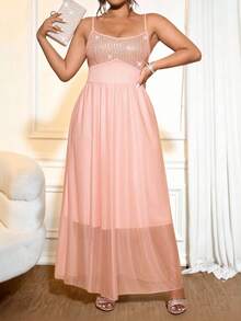 Cravure Plus Size Sequin Patchwork Sheer Chiffon Cinched Waist A-Line Dress, Elegant For Outings, Dates, Parties And Events - Pink - View 1