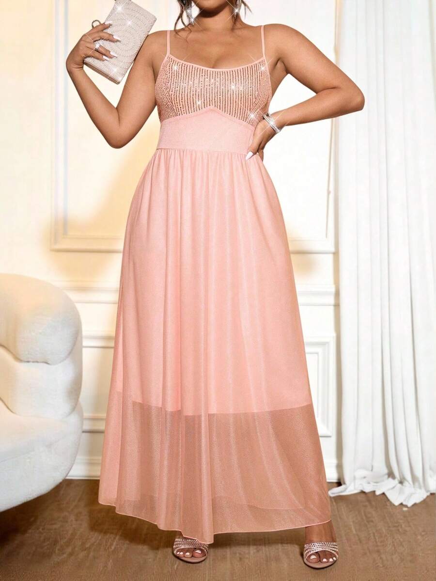Cravure Plus Size Sequin Patchwork Sheer Chiffon Cinched Waist A-Line Dress, Elegant For Outings, Dates, Parties And Events - Pink - View 1