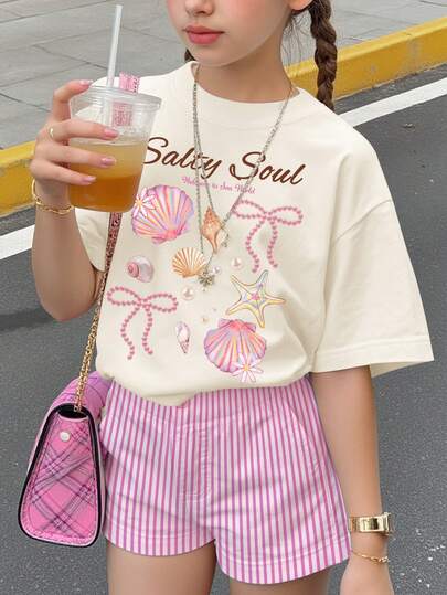 Camiseta gráfica con estrella de mar, perla y lazo, de manga corta, cuello redondo, estilo minimalista casual para niñas preadolescentes, apta para uso diario, estilo callejero, salidas, hogar, vacaciones, regreso a la escuela, primavera y verano