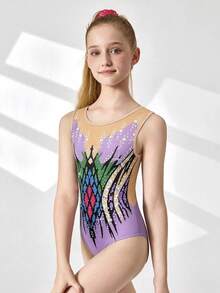 少女印花弹力无袖连体衣，用途广泛，适合体操、体育比赛、日常训练，印花鲜艳，穿着舒适。 - 杏色 - 查看 6