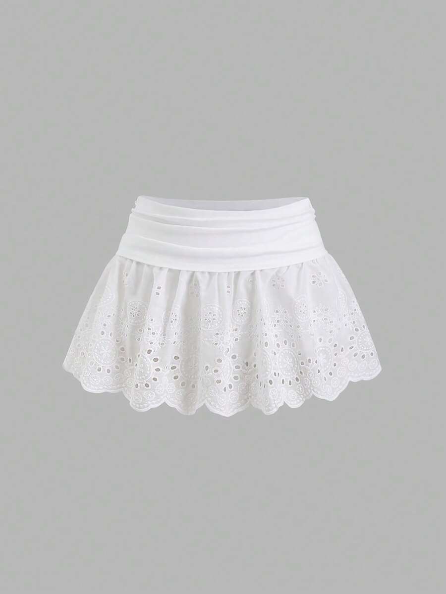 Sweetra Spring/Summer Romantic Vacation Low Waist Ruffled Lace Trim Casual Mini Skirt For Women - White - View 1