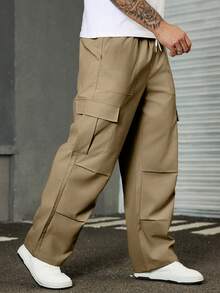 Manfinity Homme Plus Size Men's Casual Solid Color Straight Leg Cargo Pants - Khaki - View 4