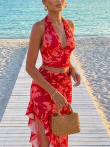 MainGRL 女士印花露背系带荷叶边上衣和开衩荷叶边半裙两件套，适合度假、海滩、约会 - 彩色 - 查看 1