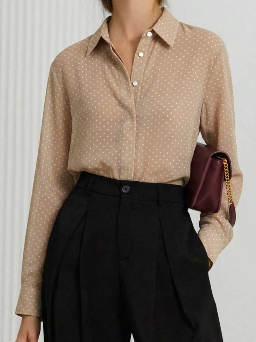 Aveloria Modichic Áo kiểu tay dài cổ bẻ bằng vải chiffon mỏng nhẹ, tối giản, dễ phối đồ, màu đen trắng chấm bi, phù hợp cho mùa xuân và mùa hè. - Bụi hồng - Xem 1