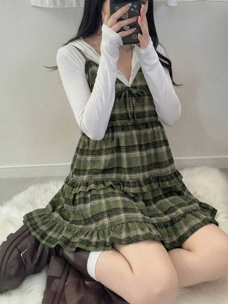 FRIFUL 女士格子吊带拼接棉质刺绣蝴蝶装饰宽松休闲百搭背心,秋冬夏季款 - 綠色 - 查看 1