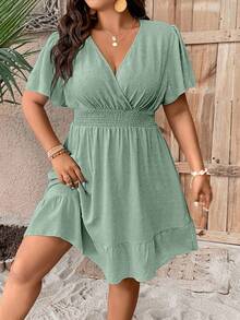 SHEIN Cộng thêm chiếc đầm viền bèo nhún tay chấm bướm Thụy Sĩ cho kỳ nghỉ hè - Màu xanh Bạc hà - Xem 1