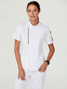 TaskEZ Women's Short Sleeve Surplice Neck Hidden Button Front Work Blouse - White - View 7
