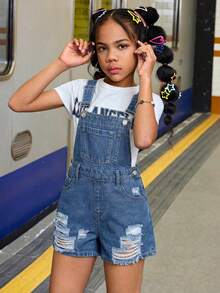 SHEIN Tween Girls Summer Beach Boho Light Washed Slant Pocket Denim Overall Jumpsuit Romper Without Tee,Girls Summer Casual Concert Rave Outfits Graduation Outfit,Everyday Wear - Medium Wash - View 5