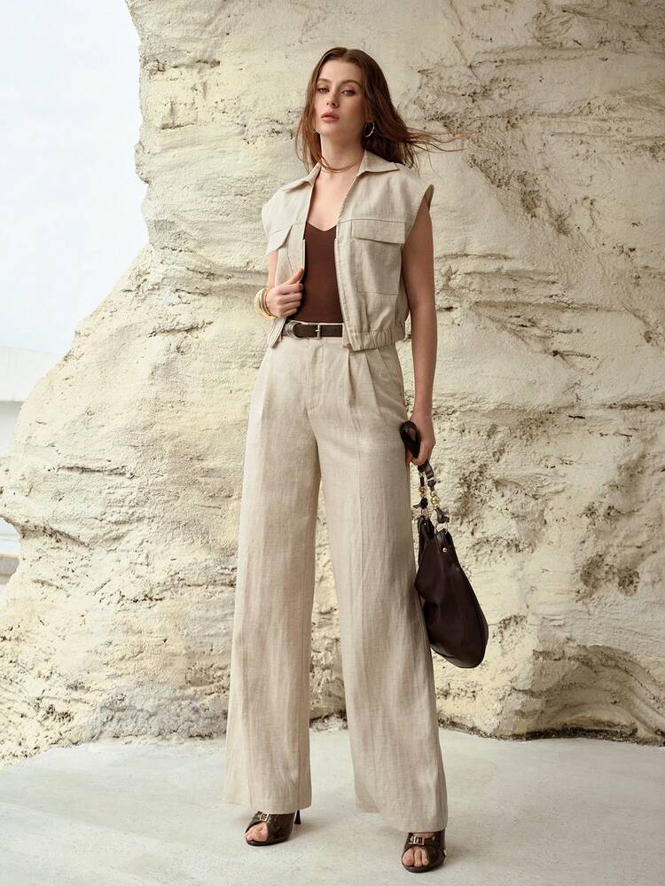 LINEN BLEND UTILITY POCKET SLEEVELESS SHORT JACKET, SPRING/SUMMER