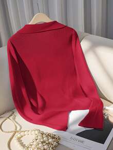 SHEIN Franclia 新款春秋季修身短款法式Polo领时尚百搭女士针织开衫 - 紅色 - 查看 2
