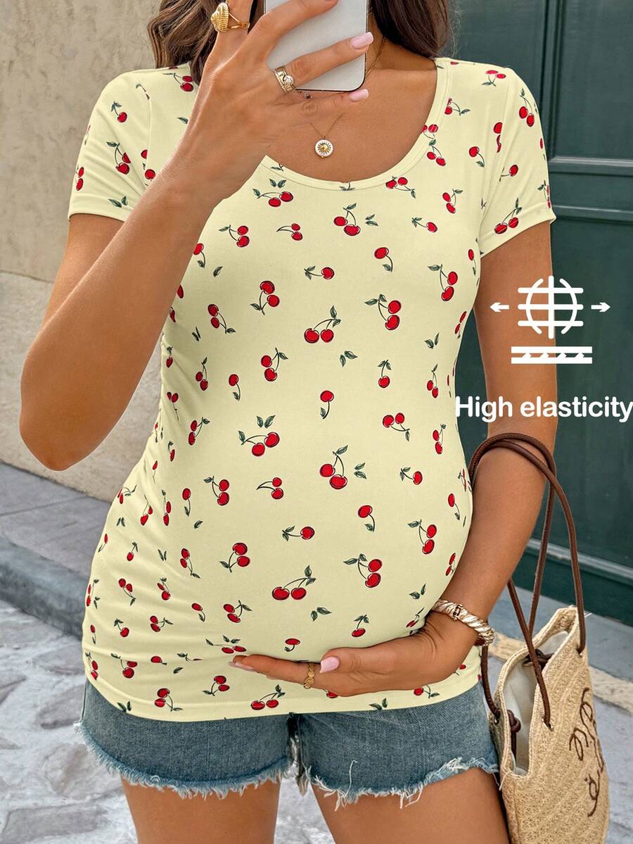 Lyckli Maternity Summer Casual Vacation Cherry Print Short Sleeve Scoop Neck T-Shirt - Yellow - View 1
