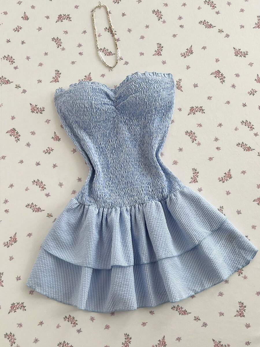 Sweetra Vestido sin tirantes con volantes en el bajo, primavera/verano para mujer - Azul - Ver 1