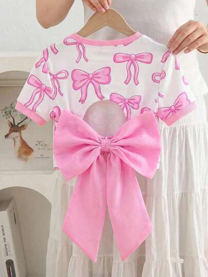 Cute Baby Girl Knitted Solid Color Block Slim Fit Short-Sleeve T-Shirt With Open Back And Organza Bow Decoration. Fashionable French Elegance, Back To School, Y2K, Sweet And Cool, Individualistic And Ladylike.