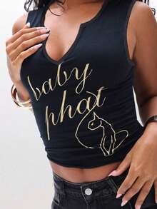 BABYPHAT Áo tank top cỡ lớn, cổ chữ V, không tay, có chi tiết xẻ ngực, màu đen, kiểu dáng thường ngày, in chữ vàng. - màu đen - Xem 6