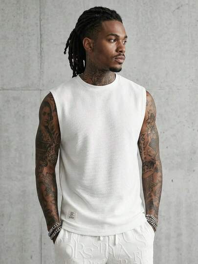 SWAVVY 男士字母拼接细节背心，无袖纯白色运动时尚背心，男友礼物，情侣装