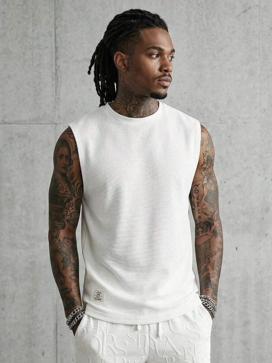 SWAVVY 男士字母拼接细节背心，无袖纯白色运动时尚背心，男友礼物，情侣装 - 白色 - 查看 1