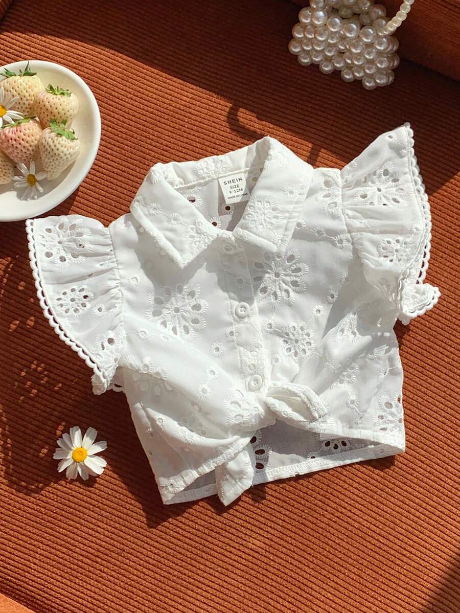SHEIN 女宝宝可爱夏季度假白色花卉刺绣领短袖衬衫 - 白色 - 查看 1