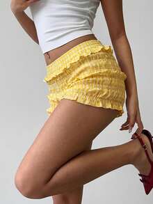 Aloruh Shorts de volantes con estampado de cuadros rojos y blancos de estilo campestre lindo para vacaciones de primavera/verano de las mujeres - Amarillo - Ver 7