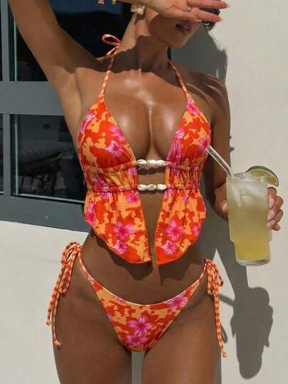 Bonvoyette 女士夏季花卉蓝色格子饰边撞色树脂串珠点缀吊带背心和比基尼套装，适合海滩度假