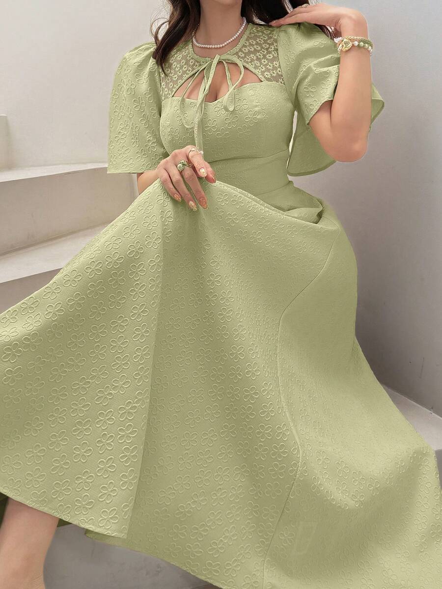 Feyla Women's Jacquard Tie Collar Elegant Cinched Waist Long Dress, Suitable For Party And Occasions